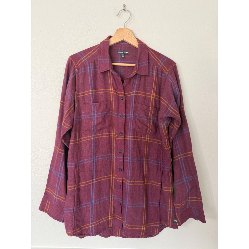 Toad & Co Cairn LS Shirt Tunic Pockets Large Maroon Plaid Recycled Cotton